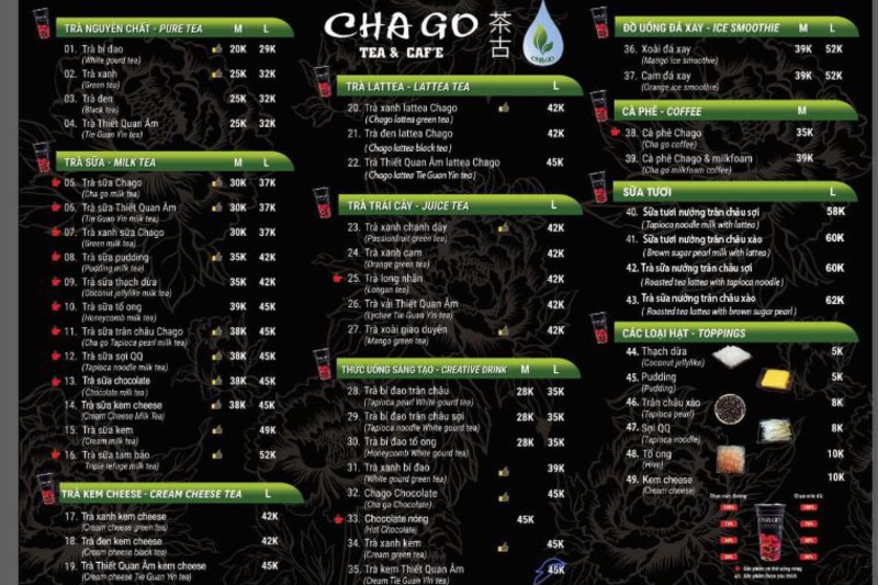 Chago có nhiều món trà sữa sáng tạo, được kết hợp với các loại trái cây, topping độc đáo