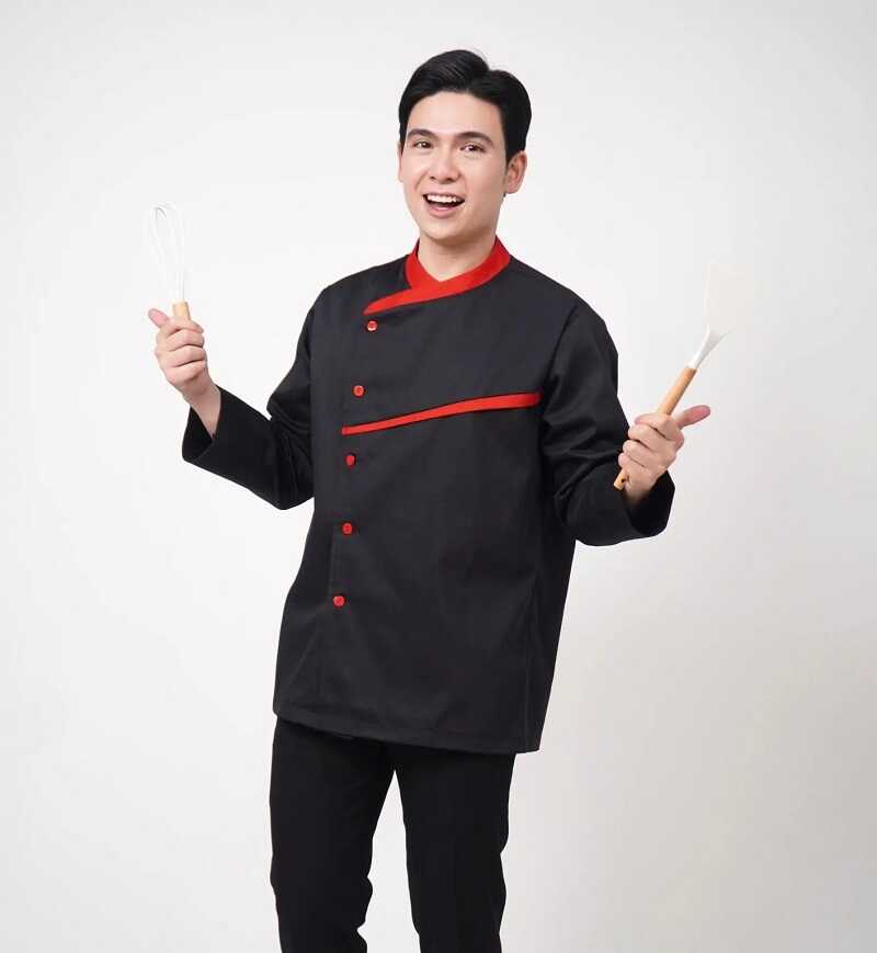 Áo bếp nam dài tay vạt chéo đen phối đỏ thiết kế đẹp