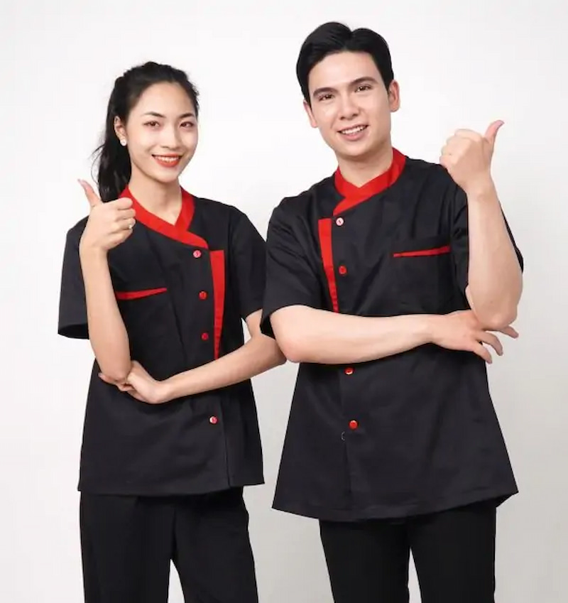 Áo bếp đen chuyên nghiệp phối màu đỏ trẻ trung và mang tính thẩm mỹ cao