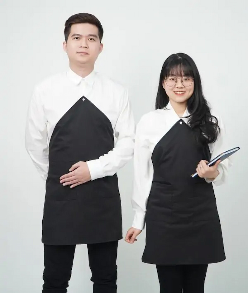 Áo bếp bán lẻ kèm tạp dề với kiểu dáng sơ mi độc lạ