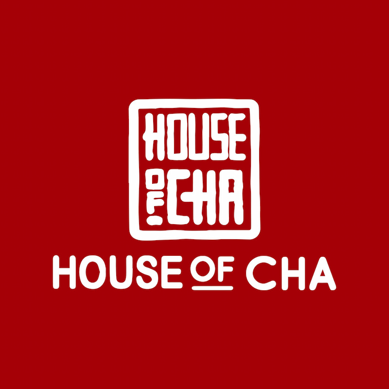 Logo thương hiệu House of Cha đơn giản với màu đỏ - trắng nổi bật