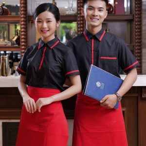 Áo bếp đen + Tạp dề đỏ