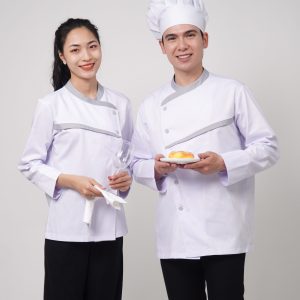 Áo đồng phục bếp màu trắng một hàng cúc vạt chéo