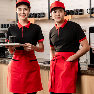 Combo áo thun đen tạp dề đỏ mũ đỏ cho quán trà sữa