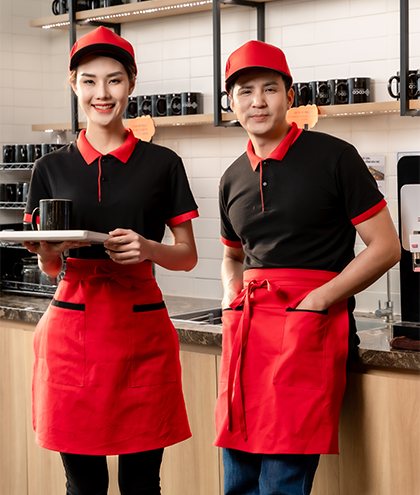 Combo áo thun đen tạp dề đỏ mũ đỏ cho quán trà sữa