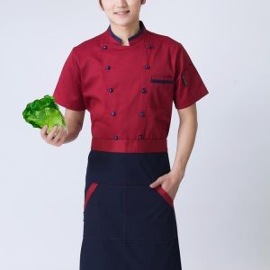 Áo bếp đỏ + tạp dề xanh than