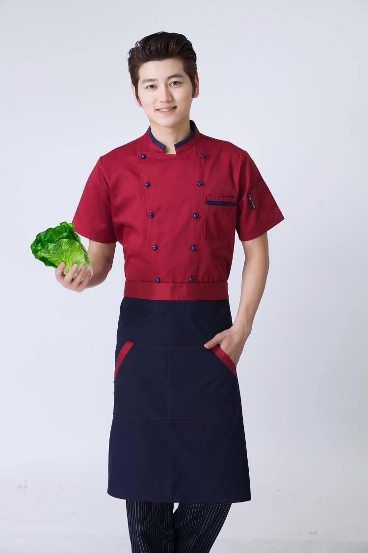 Áo bếp đỏ + tạp dề xanh than