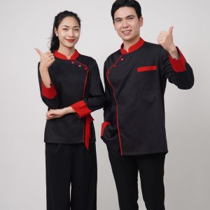 Đồng phục áo đầu bếp màu đen viền đỏ Handy Uni