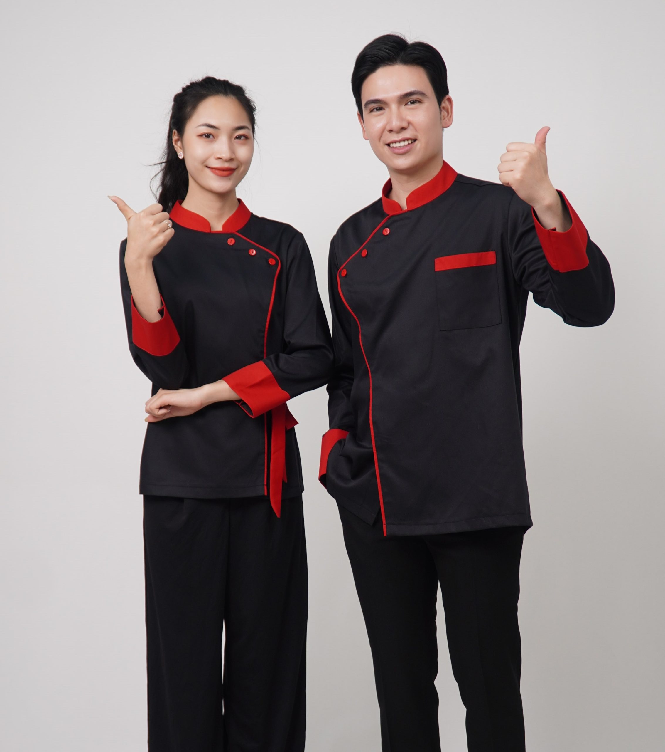 Đồng phục áo đầu bếp màu đen viền đỏ Handy Uni