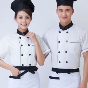 Áo bếp trắng mũ đen tạp dề trắng