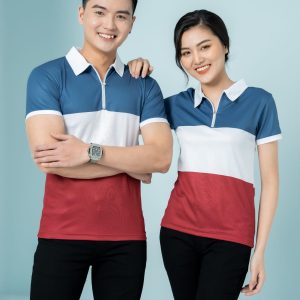 Áo thun đồng phục phối xanh đỏ trắng độc đáo, form Regular Fit, vải Lacoste Soft
