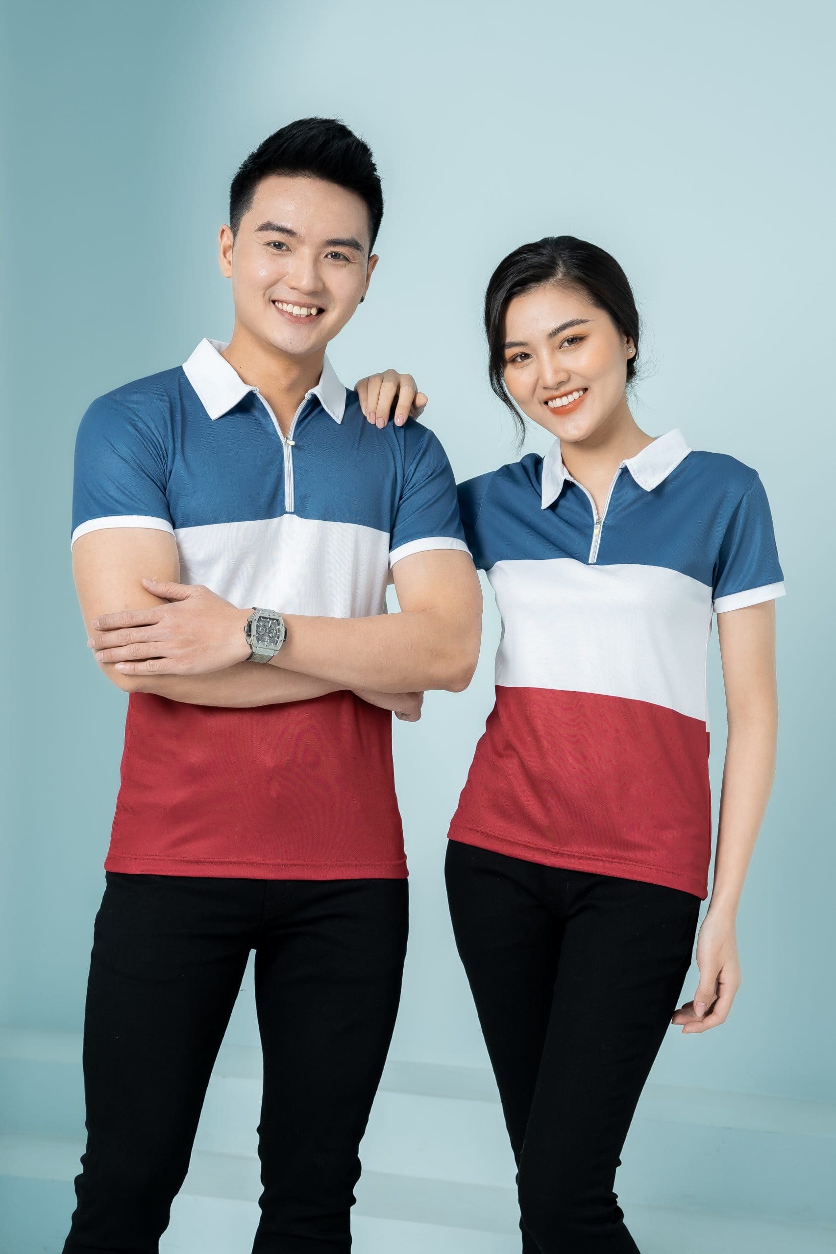 Áo thun đồng phục phối xanh đỏ trắng độc đáo, form Regular Fit, vải Lacoste Soft