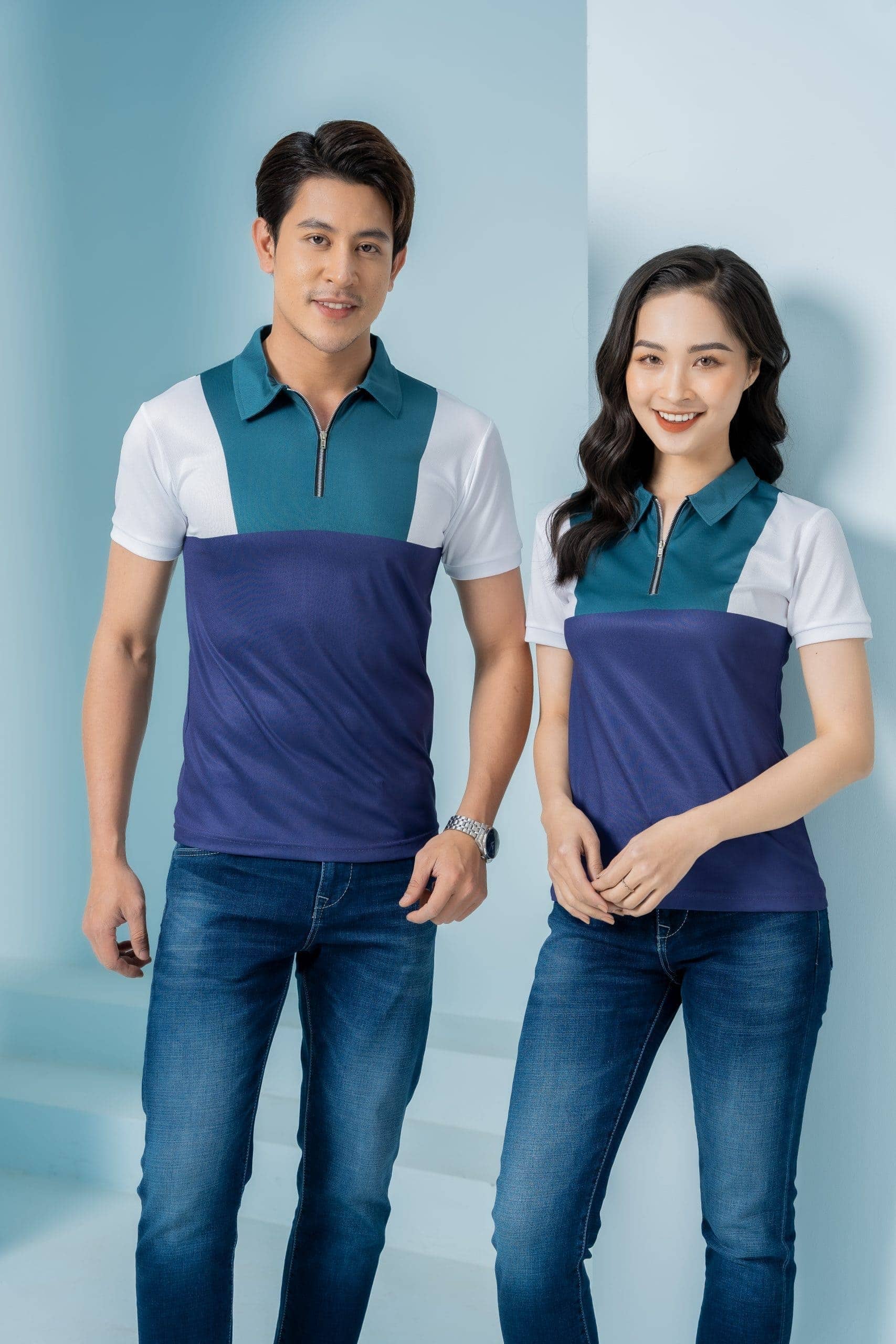 Áo thun đồng phục xanh phối trắng hot trend, form Regular Fit, vải Lacoste Soft
