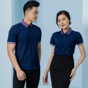 Áo thun đồng phục xanh tím than phối cổ họa tiết sang chảnh, vải Lacoste Soft, form Regular Fit