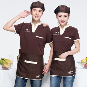 Combo áo thun cổ V phối viền trắng kết hợp mũ và tạp dề ngắn