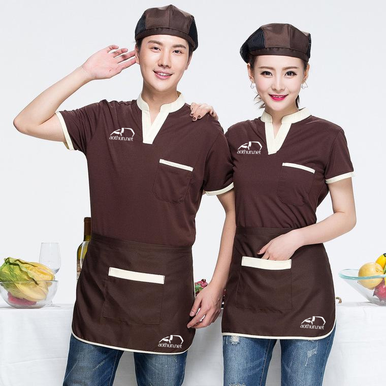 Combo áo thun cổ V phối viền trắng kết hợp mũ và tạp dề ngắn