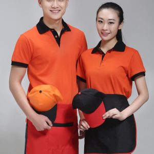 Combo áo thun đồng phục màu cam cổ bẻ kết hợp mũ lưỡi trai và tạp dề ngắn