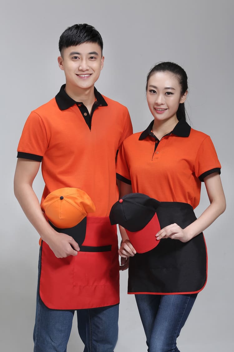 Combo áo thun đồng phục màu cam cổ bẻ kết hợp mũ lưỡi trai và tạp dề ngắn