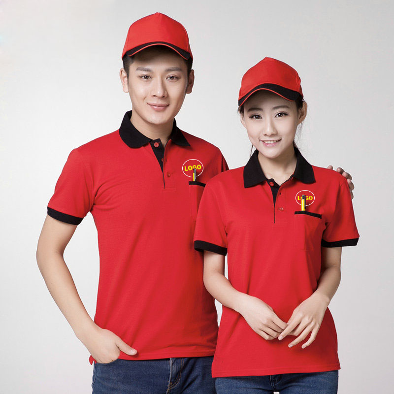 Combo áo thun đồng phục màu đỏ cổ polo kết hợp mũ lưỡi trai đỏ