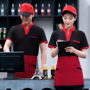 Combo áo thun tạp dề màu đen phối đỏ mũ đỏ