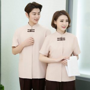 Đồng phục buồng phòng khách sạn màu be cổ tàu họa tiết, Form Loose Fit vải kate ford