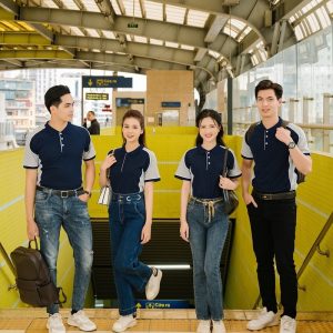 Đồng phục công ty màu xanh tím than phối tay xám