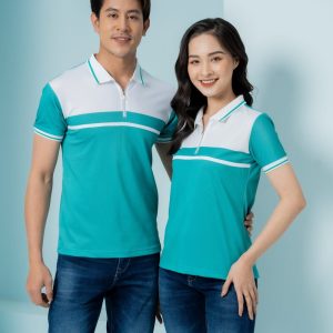 Đồng phục công ty màu xanh phối trắng cổ khóa kéo