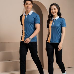 Đồng phục công ty màu xanh phối vàng đen và cổ trắng