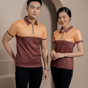 Đồng phục cửa hàng điện tử điện lạnh màu nâu phối cam, cổ bẻ, form Regular Fit, vải Lacoste Soft trơn 