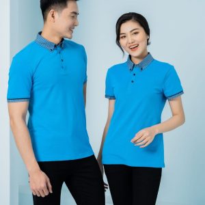 Đồng phục cửa hàng điện tử điện lạnh màu xanh dương phối cổ caro