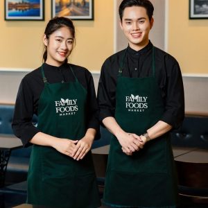 Đồng phục cửa hàng thực phẩm, siêu thị mini áo đen tạp dề xanh cuốn hút, form slim fit, vải LON USA