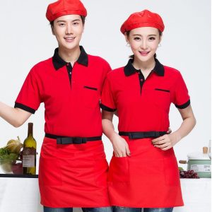 Đồng phục cửa hàng thực phẩm, siêu thị mini áo đỏ tạp dề đỏ đẳng cấp, cổ bẻ form Regular Fit, vải Pique Cool 