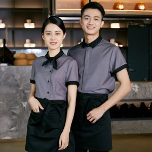 Đồng phục cửa hàng thực phẩm, siêu thị mini áo xám tạp dề đen ấn tượng, form Slim Fit, vải LON USA Cotton 65/35