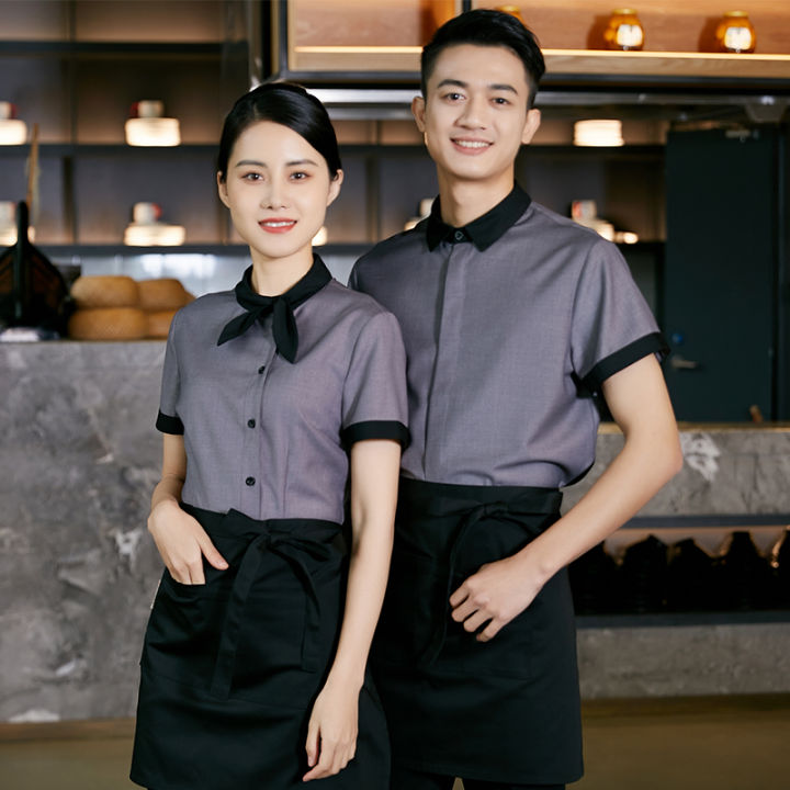 Đồng phục cửa hàng thực phẩm, siêu thị mini áo xám tạp dề đen ấn tượng, form Slim Fit, vải LON USA Cotton 65/35