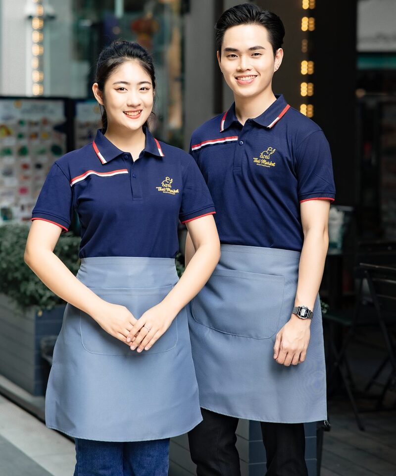 Đồng phục cửa hàng thực phẩm, siêu thị mini áo xanh tạp dề xanh cực chất, form Regular Fit, vải Cotton Organic 