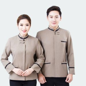 Đồng phục lễ tân spa màu nâu be