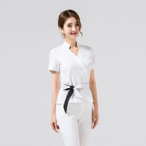 Đồng phục massage màu trắng thắt nơ bụng