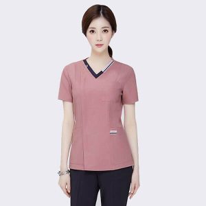 Đồng phục massage màu hồng cổ viền đen cực chất, form Regular Fit, vải Kate Silk