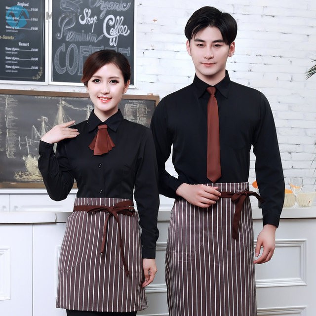 Đồng phục nhà hàng Âu áo đen tạp dề sọc cà vạt nâu
