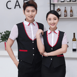 Đồng phục nhà hàng Âu áo kẻ đỏ phối gile đen viền đỏ ấn tượng, form Slim Fit, vải Lon US