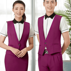 Đồng phục nhà hàng Âu áo trắng cộc tay gile tím nhẹ nhàng, form Slim Fit, vải Lon USA