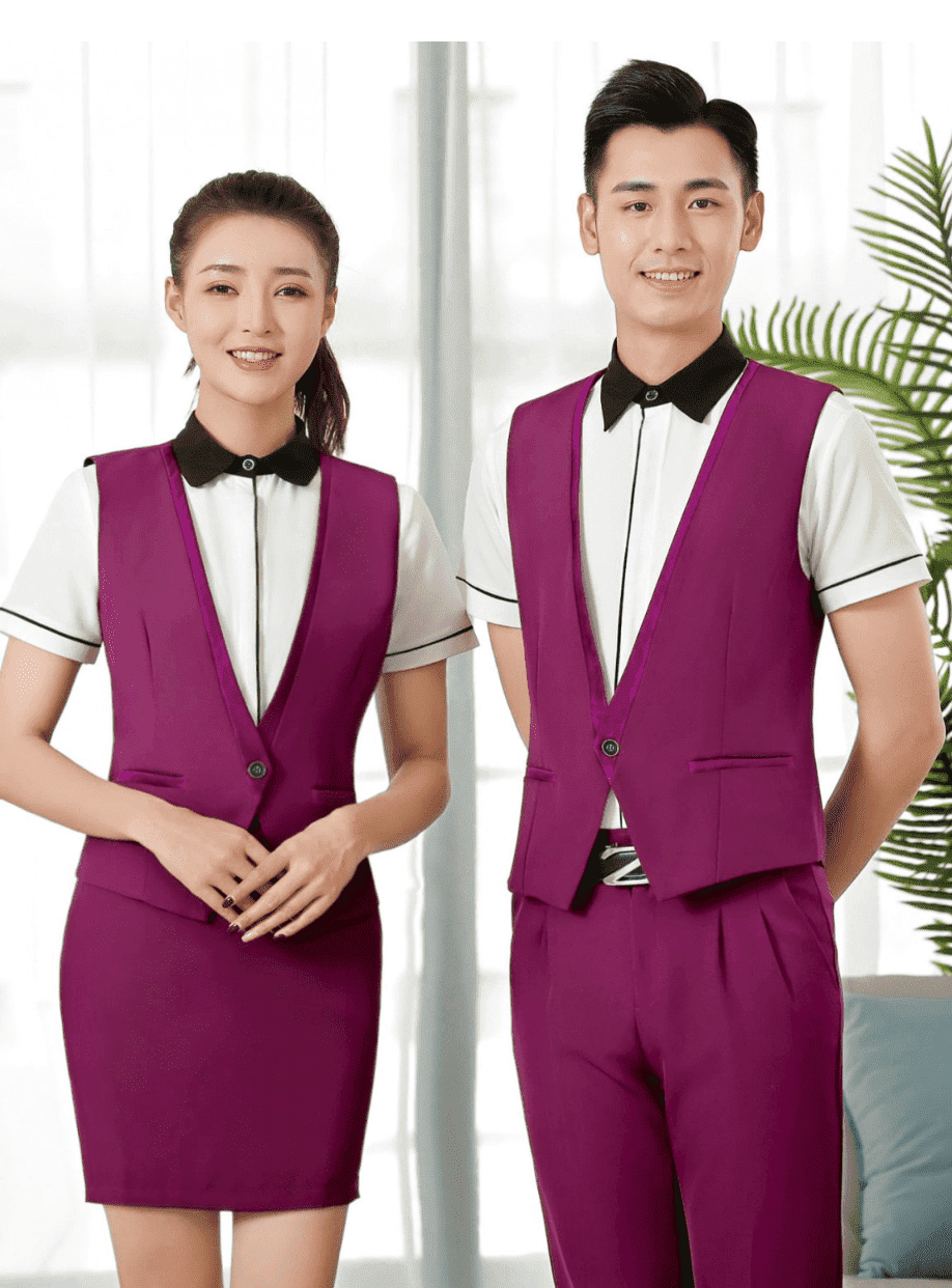 Đồng phục nhà hàng Âu áo trắng cộc tay gile tím nhẹ nhàng, form Slim Fit, vải Lon USA