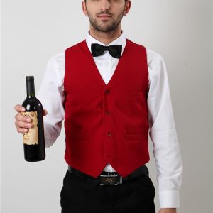 Đồng phục nhà hàng Âu áo trắng gile đỏ thắt nơ, form Slim Fit, vải Kaki thun