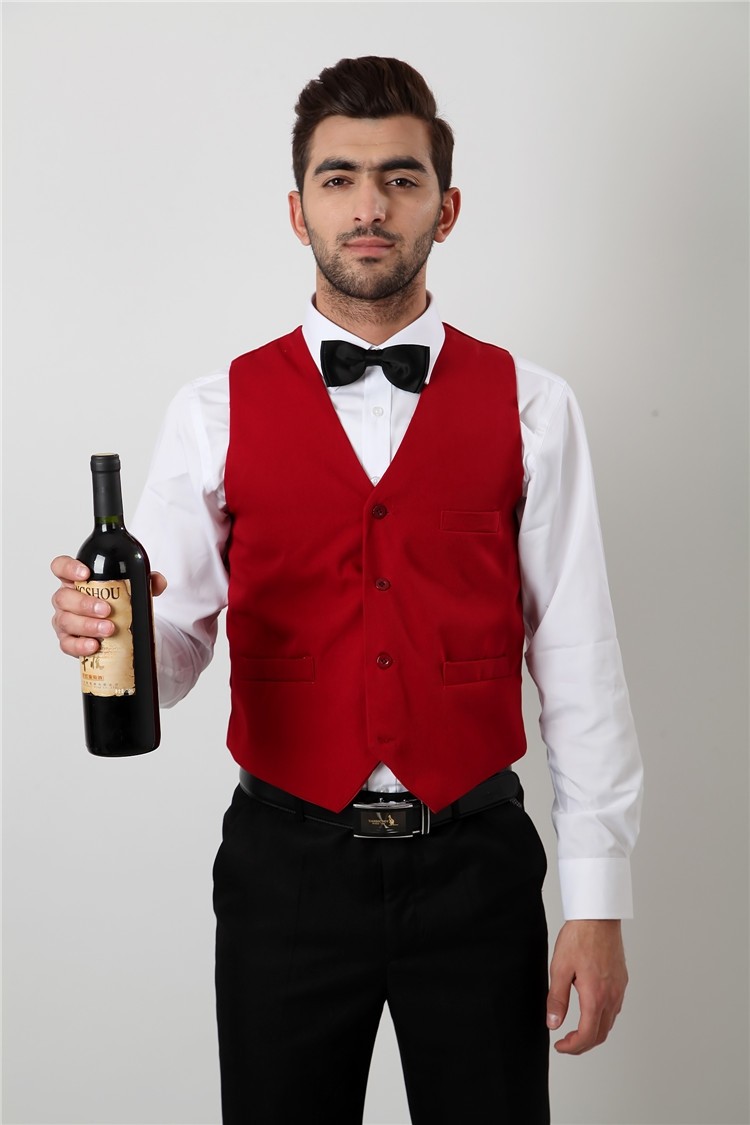 Đồng phục nhà hàng Âu áo trắng gile đỏ thắt nơ, form Slim Fit, vải Kaki thun