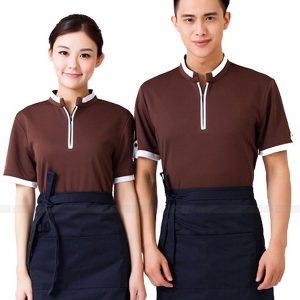 Đồng phục nhà hàng Hàn Quốc áo nâu tạp dề đen lịch thiệp  form Regular Fit, vải Lacoste Soft trơn 