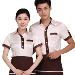 Đồng phục nhà hàng Hàn Quốc kẻ sọc viền nâu form Loose Fit, vải Kate trơn