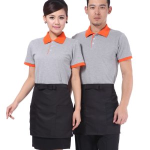 Đồng phục nhà hàng Hàn Quốc áo xám viền cam, form Regular Fit, cổ bẻ tay ngắn vải Lacoste Soft trơn 