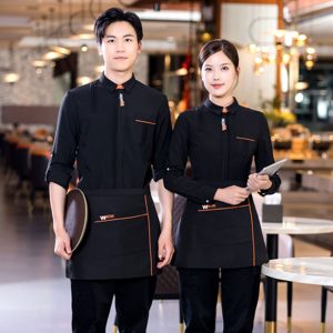 Áo sơ mi đồng phục nhà hàng màu đen phối sọc cam