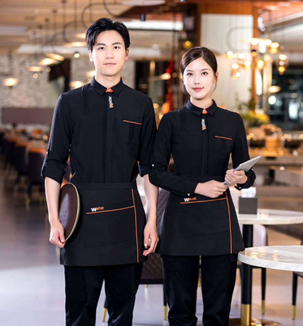 Áo sơ mi đồng phục nhà hàng màu đen phối sọc cam