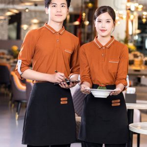 Đồng phục nhà hàng màu nâu cam cổ viền trắng